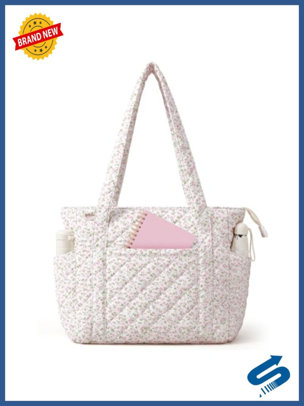 Quilted Floral Tote Bag with Zipper & 15.6" Laptop Sleeve